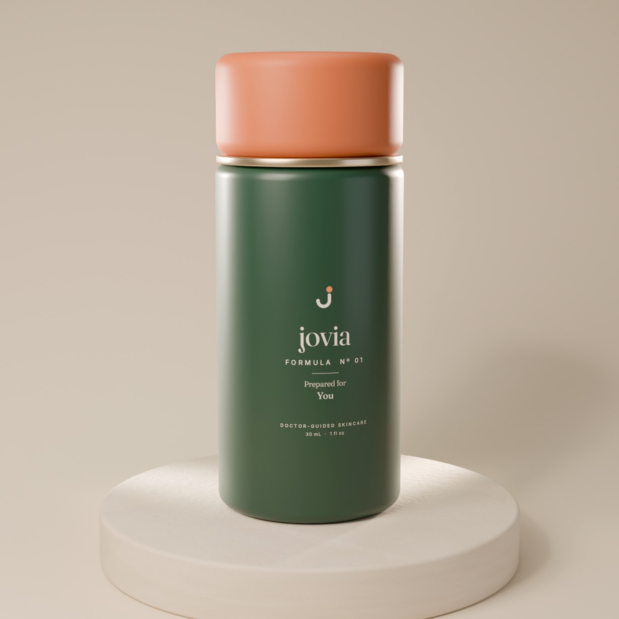 A matte green Jovia bottle with a clay-colored cap, labeled Formula Nº 01, Prepared for You